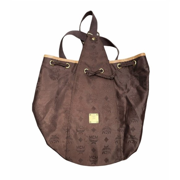 Vintage. MCM Brown Logo NylonDrawstring Monogram Sling Backpack with Gold Plaque Vintage MCM ~ Brown Logo Nylon Drawstring Sling Backpack Bag  main image 4